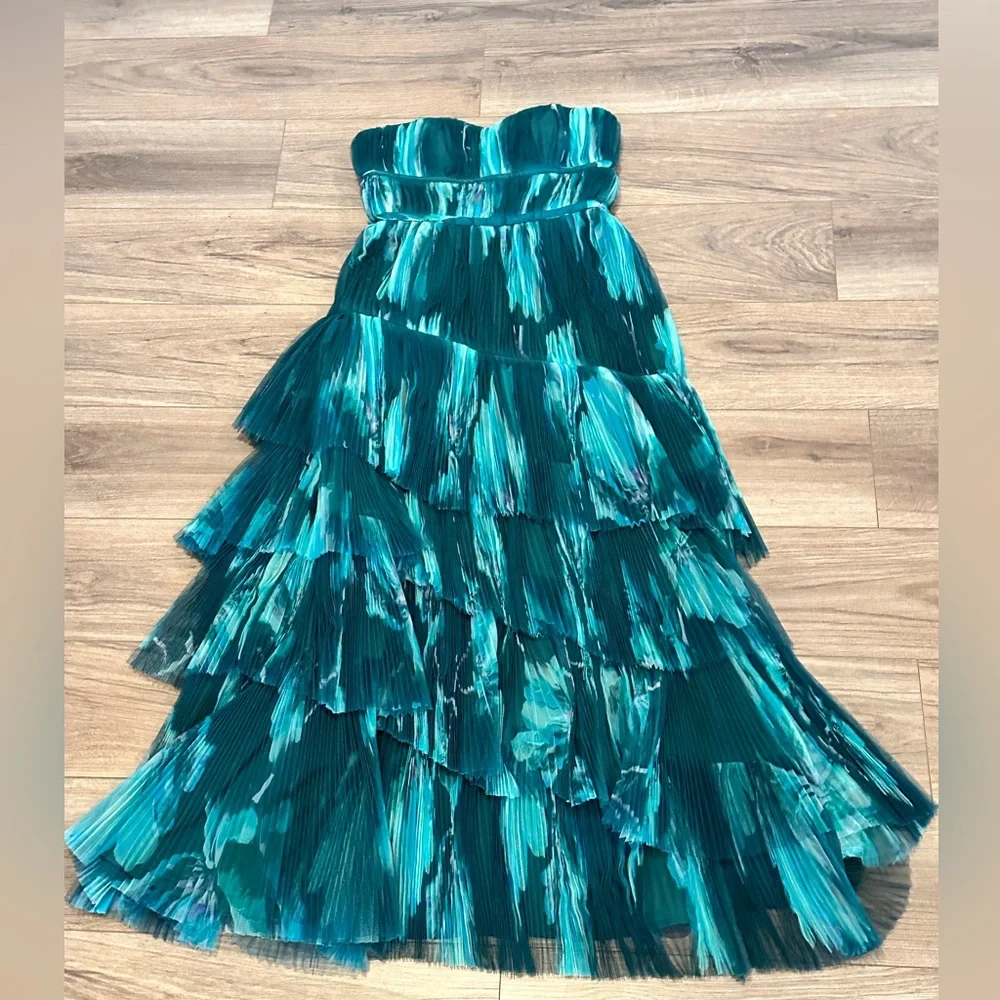 NWT! Hutch Lanza Teal Strapless Pleated Tulle Gown Size 6 - Picture 7 of 15